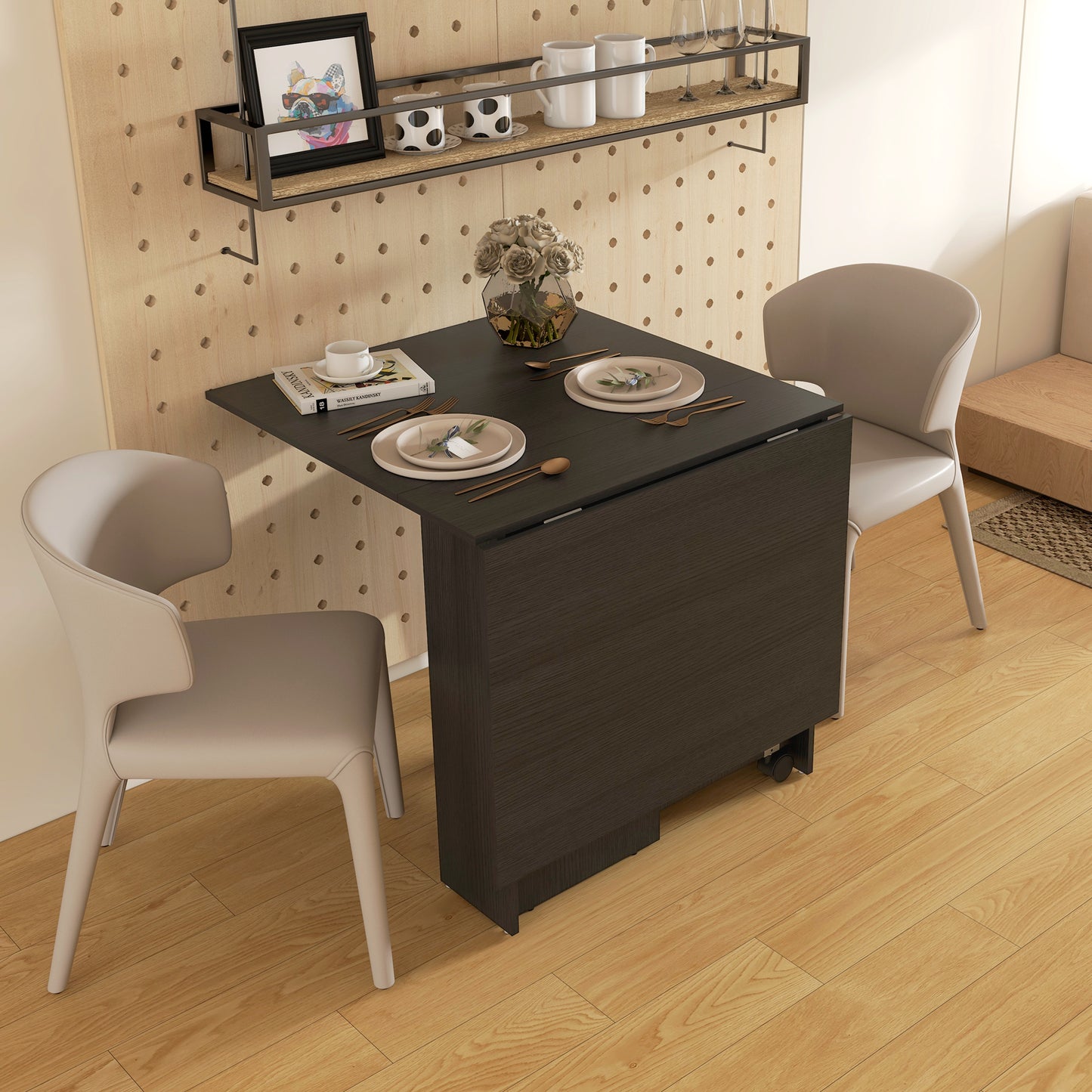 Foldable Dining Table with Storage Shelves, Drop Leaf, and Rolling Wheel