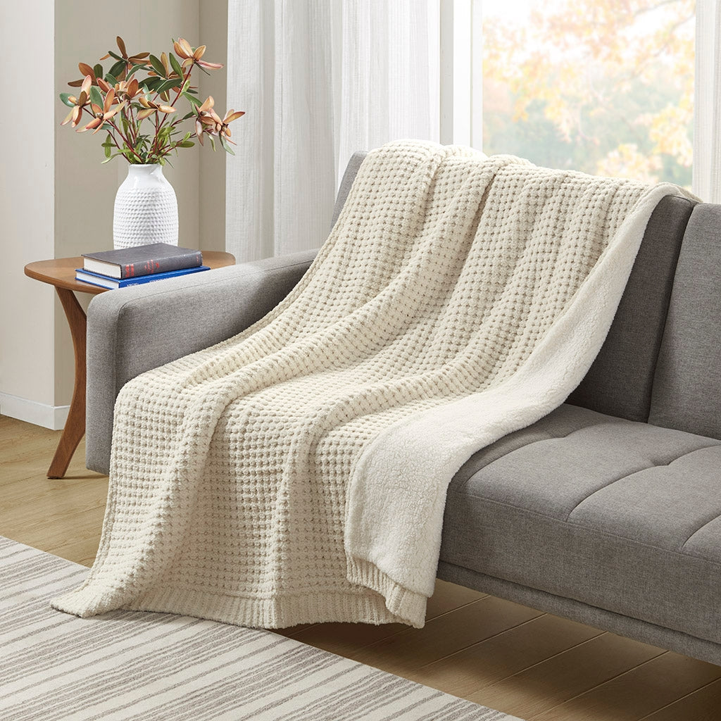 Sherpa Waffle Knit Chenille Throw, Ivory