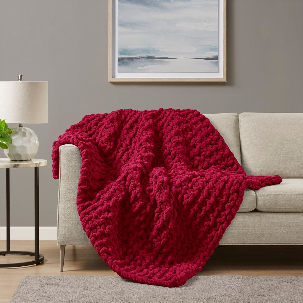 Handmade Chenille Chunky Knit Throw 50x60", Red