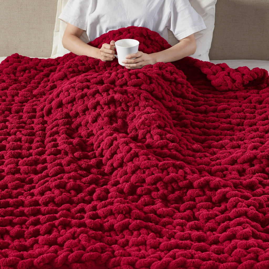 Handmade Chenille Chunky Knit Throw 50x60", Red