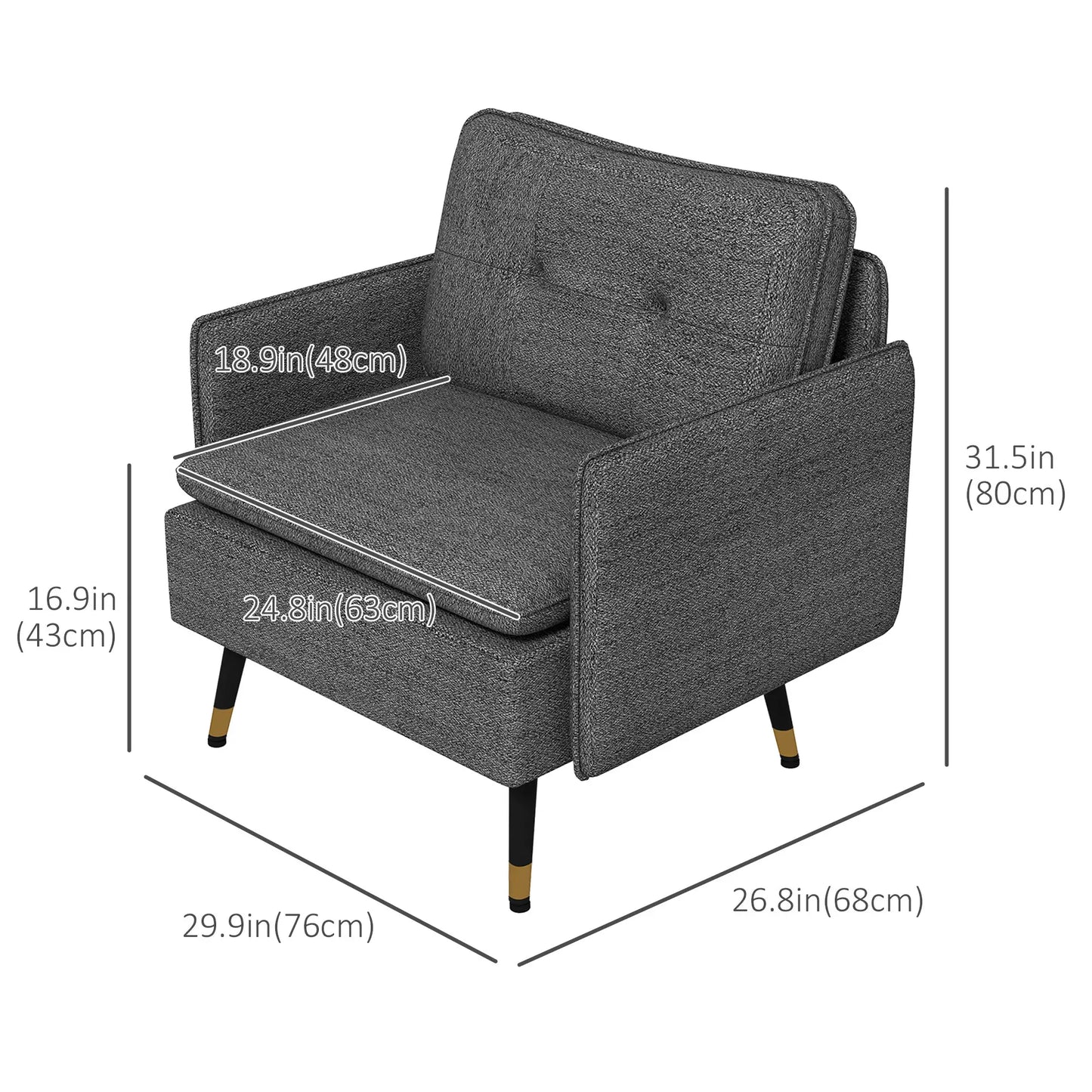 Modern Armchair, Upholstered Accent Chair with Tufted Back Cushion and Steel Legs in Dark Grey