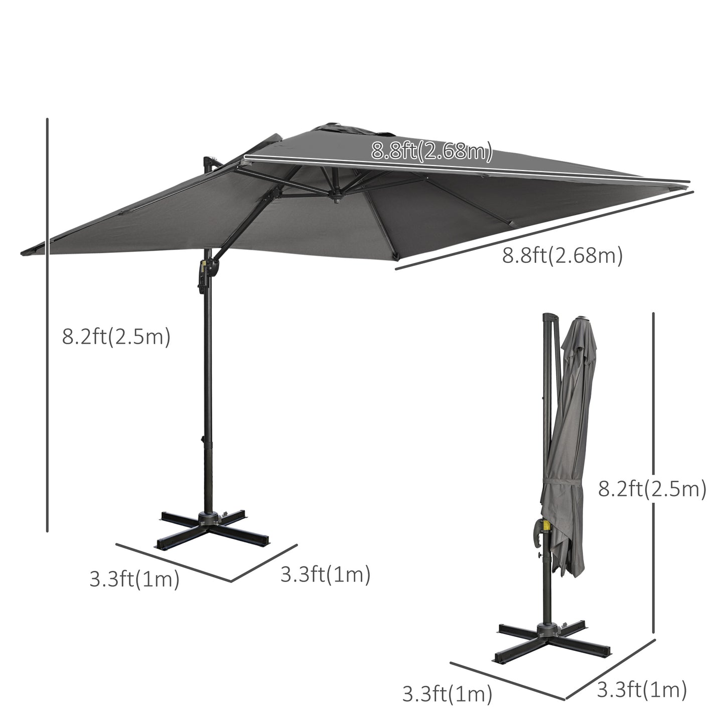 105" x 105" x 98" Cantilever Patio Umbrella, Square Overhanging Umbrella with Cross Base, Crank Handle, Tilt, 360° Rotation and Aluminum Frame, Dark Grey