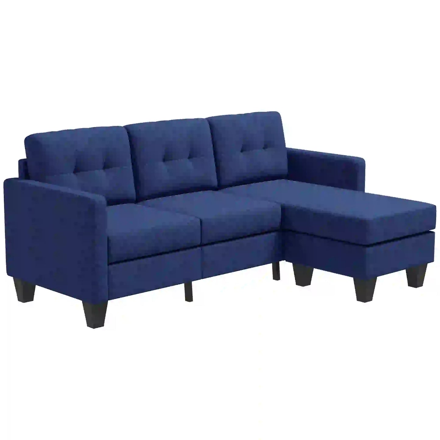 L-shaped Sofa, 3 Seater Sectional Couch with Ottoman with Thick Padded Cushion and Wood Legs, Dark Blue