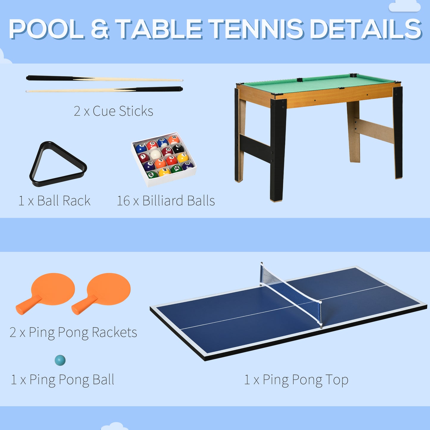 43'' 4-in-1 Multi-Gaming Table, Tabletop Billiards Hockey Table Tennis Foosball Game, Easy Set up for Whole Family, Compact for Storage, with Score Boards, Balls, Cues, Chalk, Brush