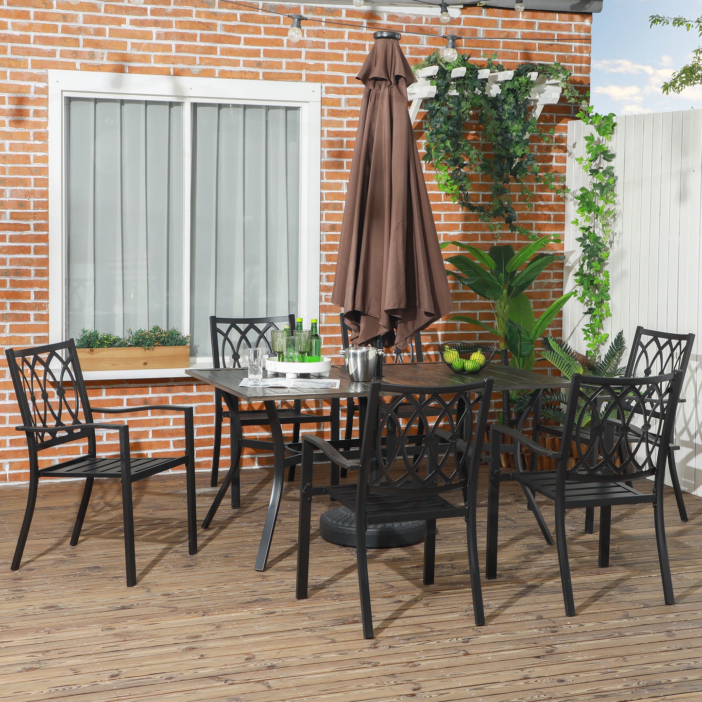 7 Pieces Outdoor Dining Set for 6 with Stackable Chairs with Wood Grain Top, for Garden, Patio, Backyard, Brown