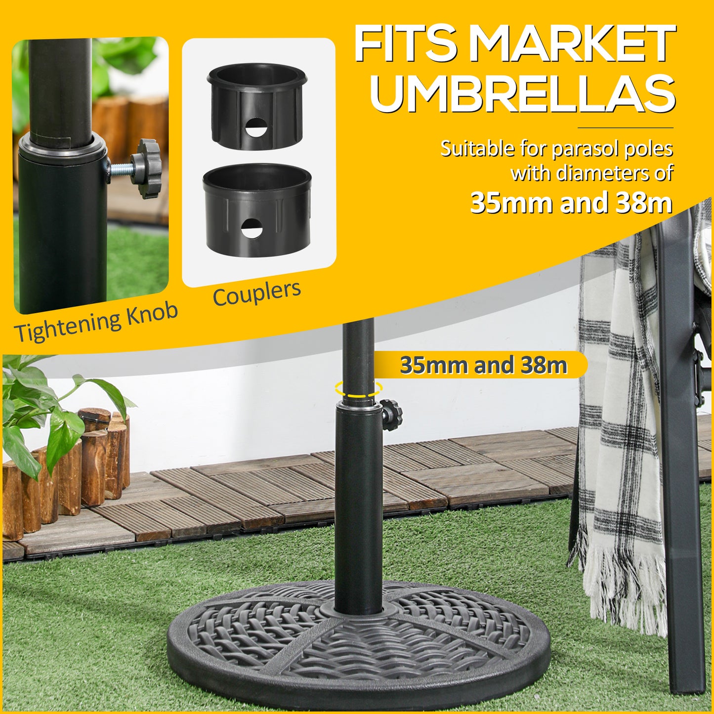 18" Market Umbrella Base Holder, Heavy Duty Round Parasol Stand with Rattan Design for Patio, Black