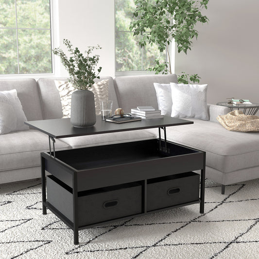 Lift Top Coffee Table with Storage,  Open Shelves and Fabric Boxes