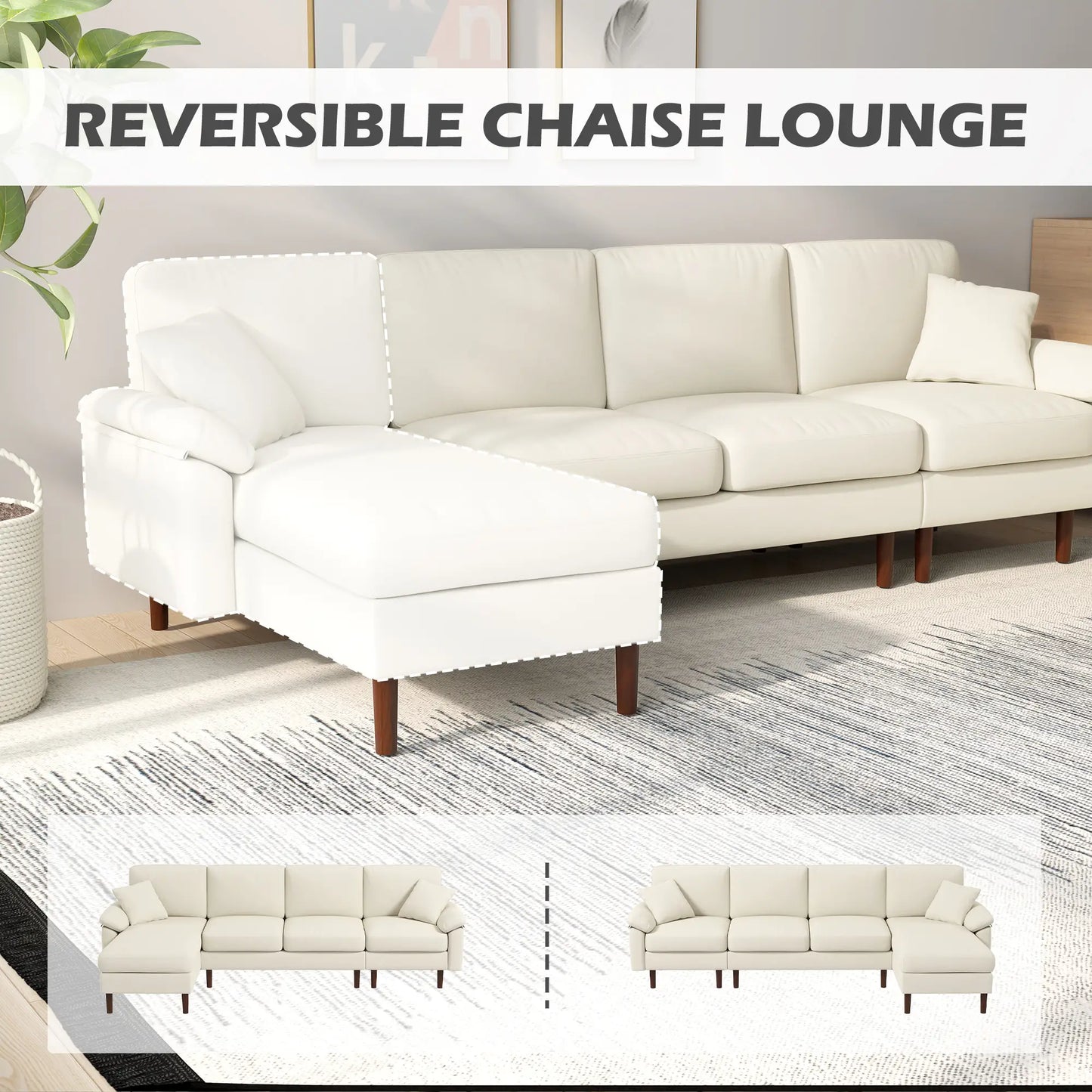 Modern Sectional Couch with Changeable Chaise Lounge, Pillows and Wooden Legs for Living Room, Cream White