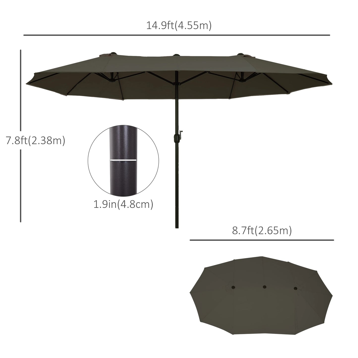 15' Double-Sided Patio Umbrella Parasol Sun Shelter Canopy Shade Grey