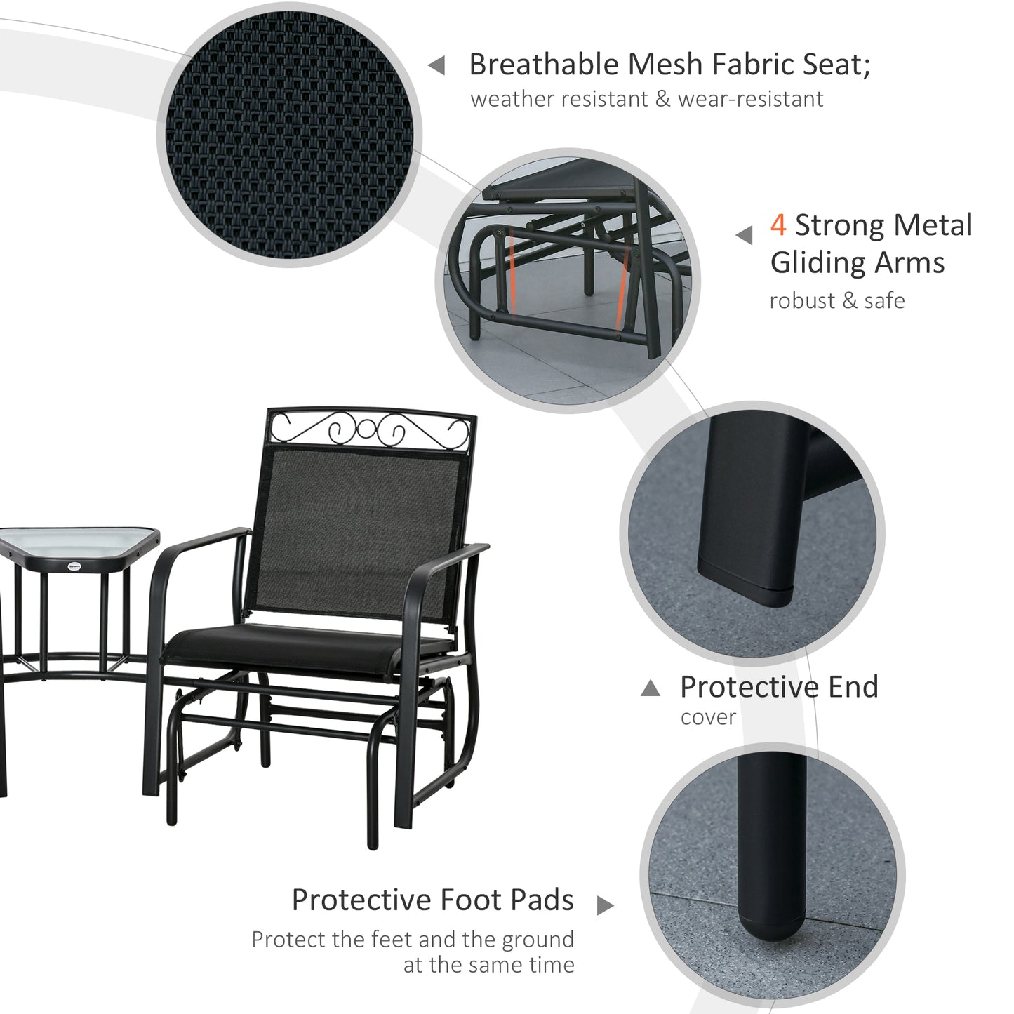 Outdoor Glider Bench with Coffee Table, Patio 2-Seat Rocking Chair Swing Loveseat with Breathable Sling for Backyard Garden Porch, Black