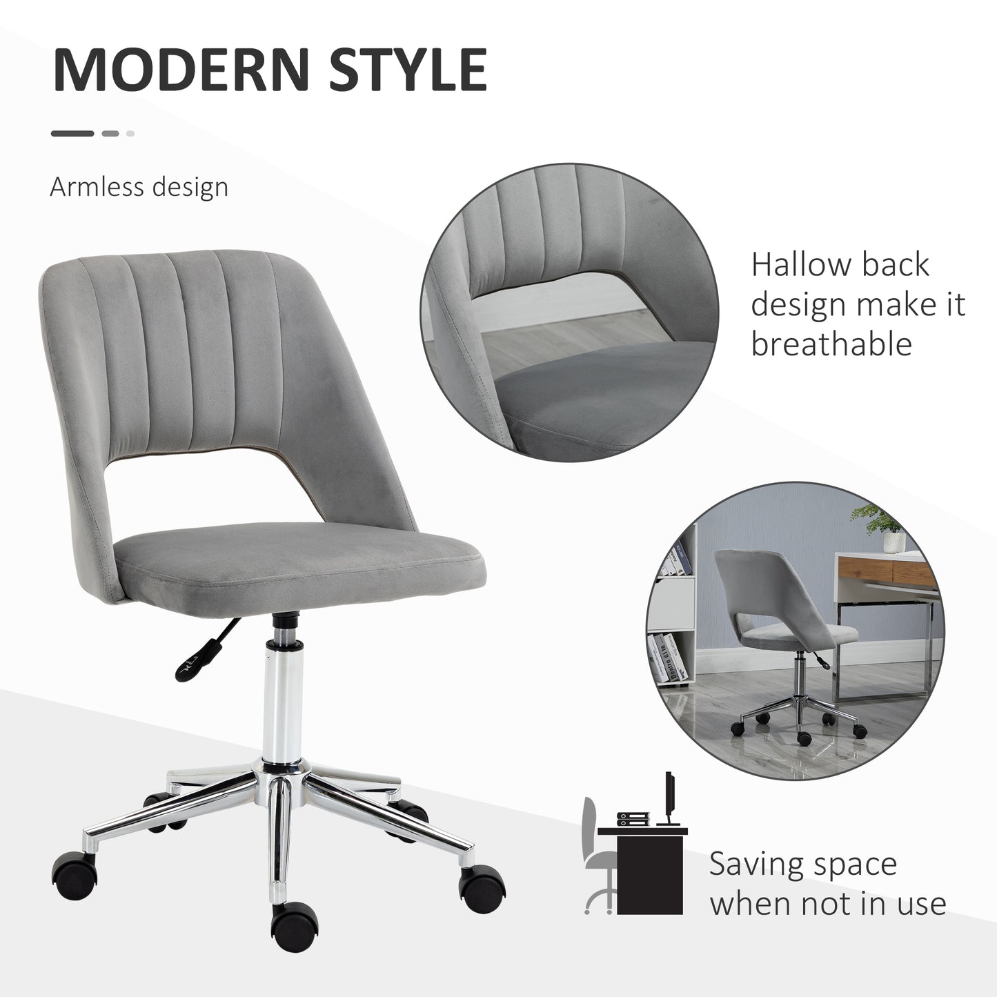 Mid Back Office Chair Velvet Fabric Swivel Scallop Shape Computer Desk Chair, Grey