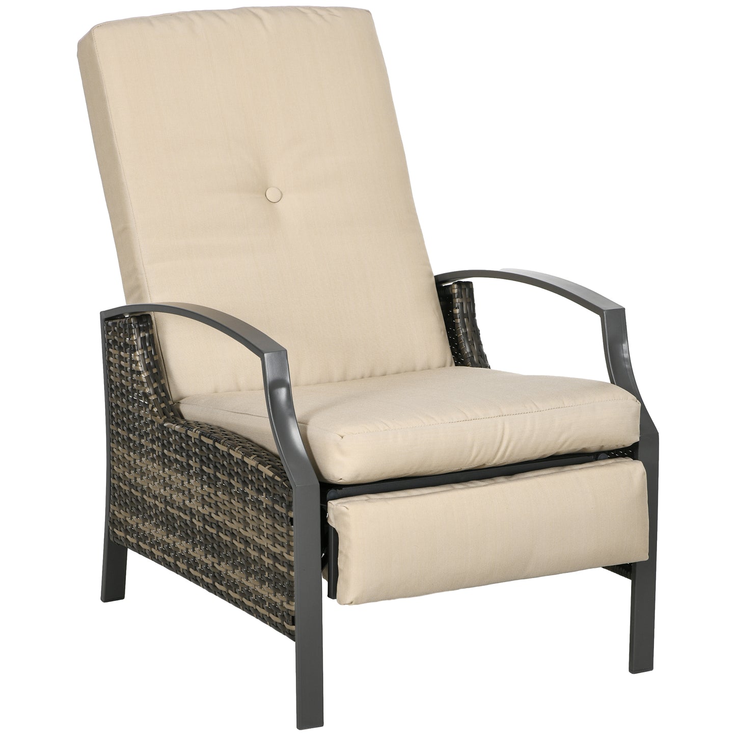 Rattan Recliner Chair for Outside Wicker Reclining Chair with Adjustable Back Retractable Footrest Cushion Khaki