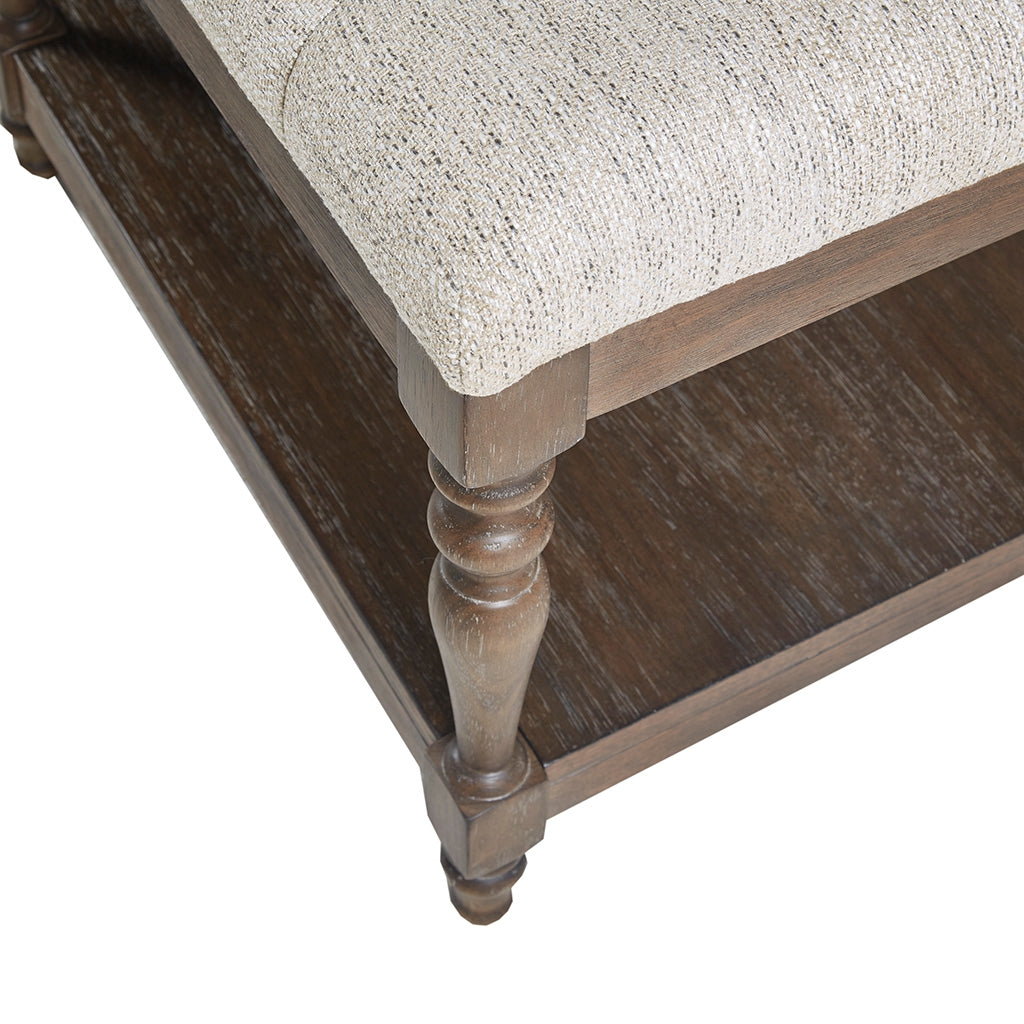 Terra Tufted Upholstered Accent Bench with Wood Shelf, Ivory