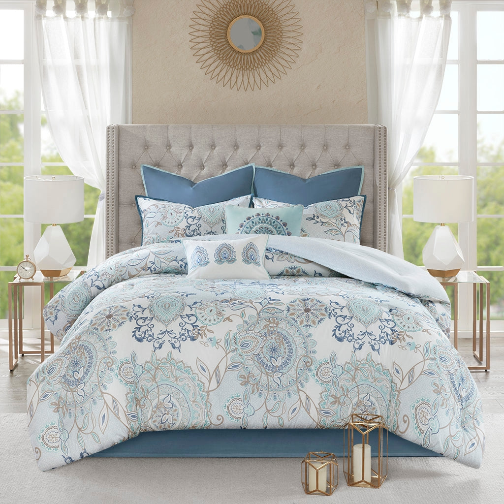 8 PC Boho Botanical Comforter/Duvet Cover Set, Blue