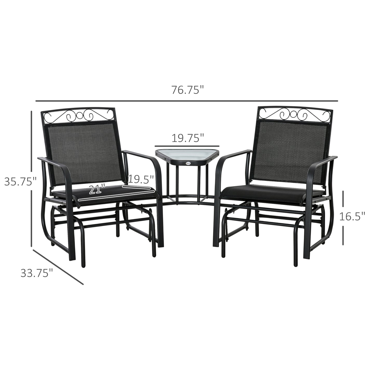 Outdoor Glider Bench with Coffee Table, Patio 2-Seat Rocking Chair Swing Loveseat with Breathable Sling for Backyard Garden Porch, Black