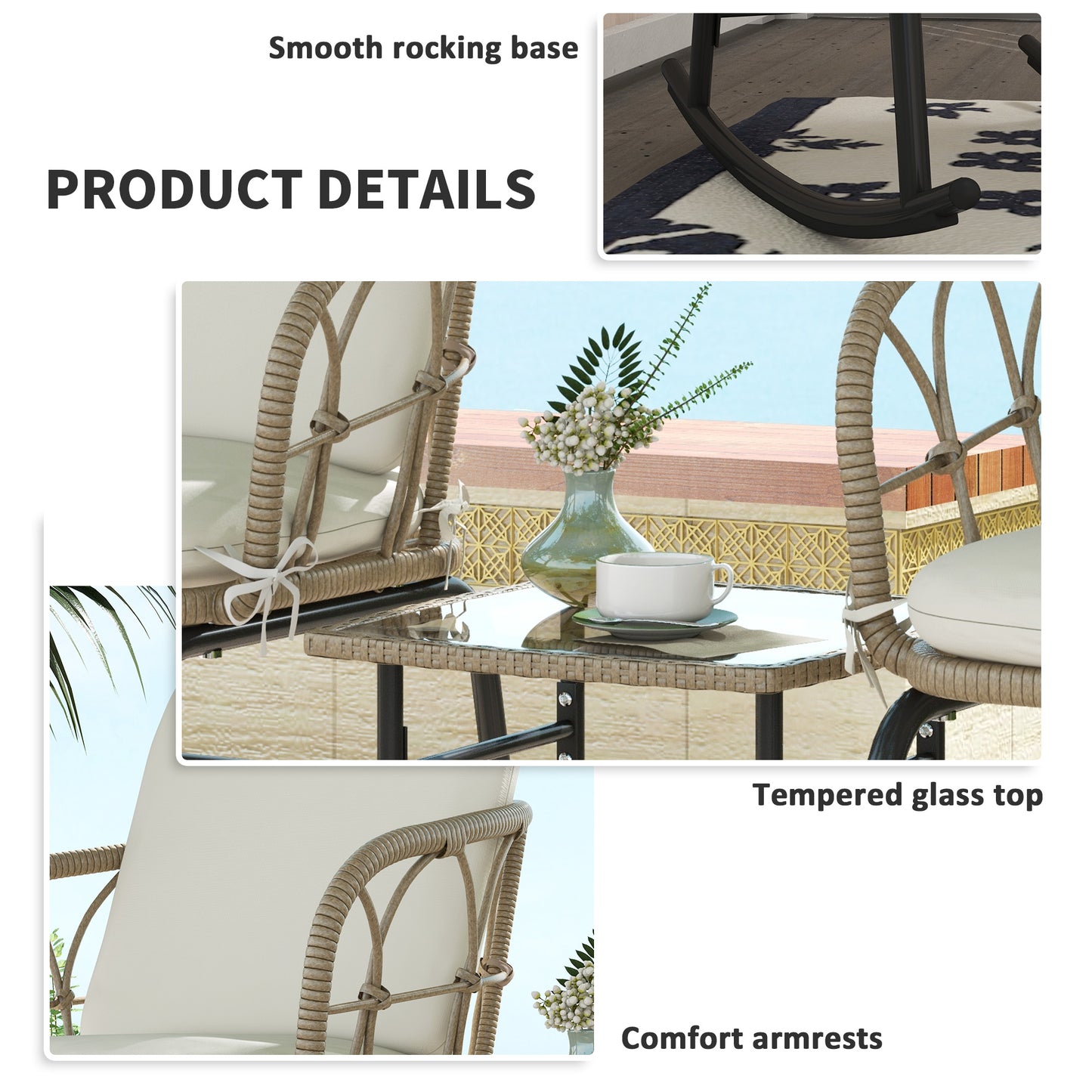 Outsunny 3 Pieces Patio Rocking Chair Patio Set with Cushions, Outdoor Round PE Rattan Wicker Hollow Design Conversation Set with Two Rocker Chairs, Glass Top Coffee Table, Beige