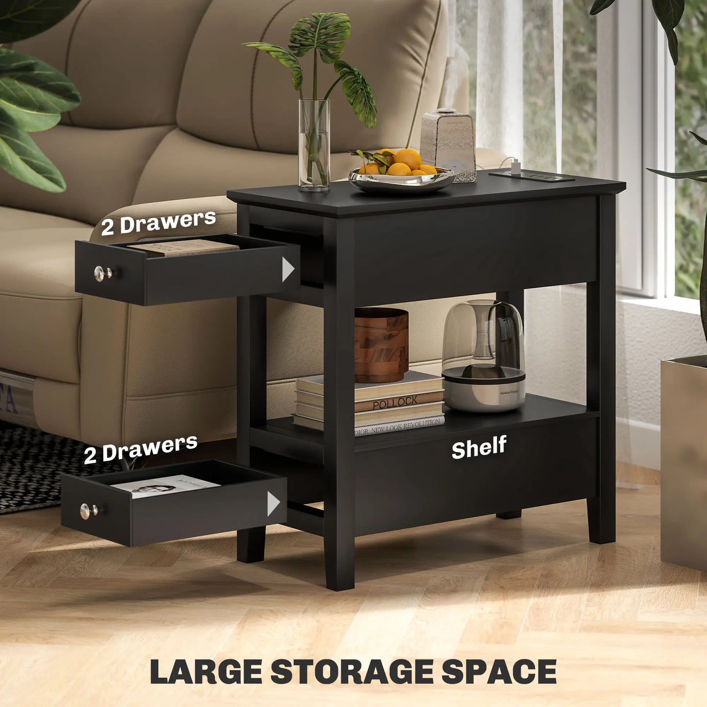 Narrow Side Table with Charging Station, USB Ports, Modern End Table with Storage Shelf, Drawers for Living Room, Black