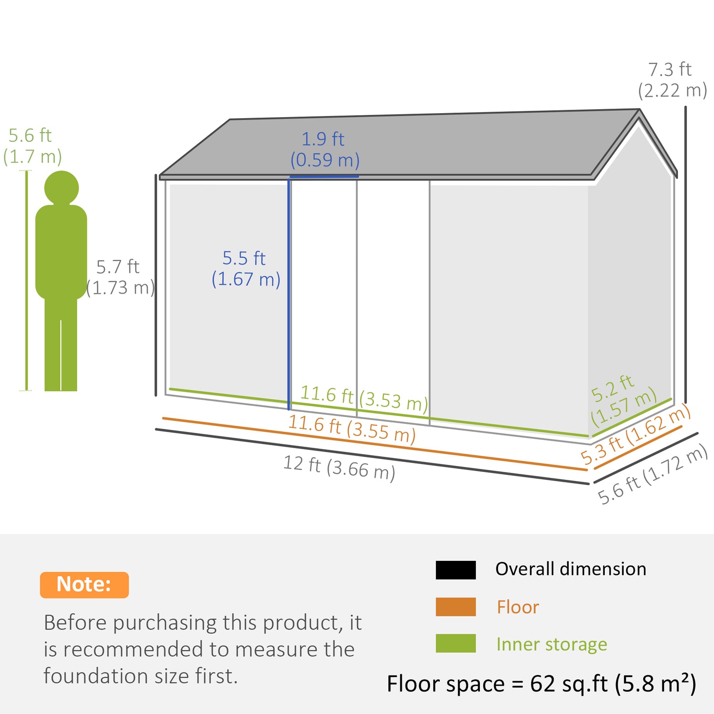 Outsunny 12' x 5.5' Metal Garden Storage Shed, Outdoor Tool Storage House with Lockable Door, Vents, Sloped Roof, Dark Grey