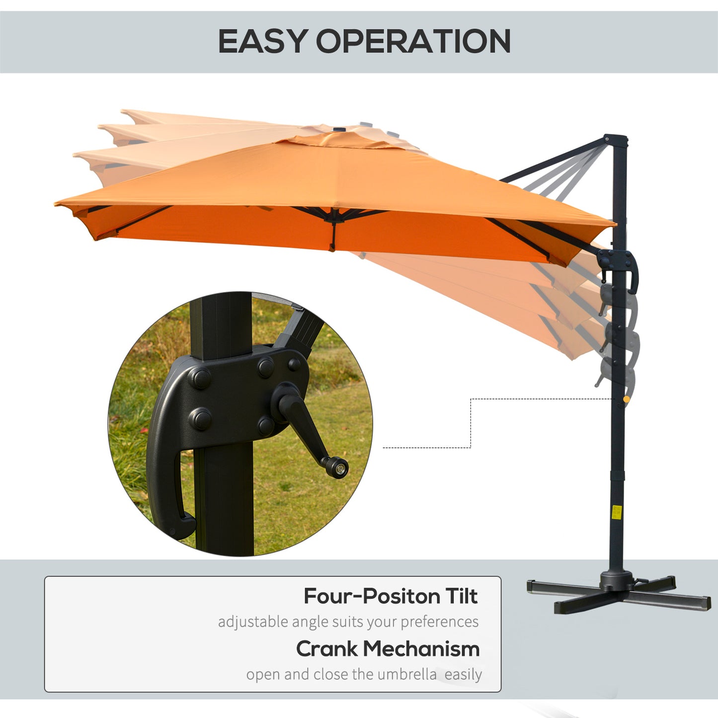 Outsunny 9.7x9.7ft Cantilever Umbrella Rotatable Square Top Market Parasol with 4 Adjustable Angle for Backyard Patio Outdoor Area Orange