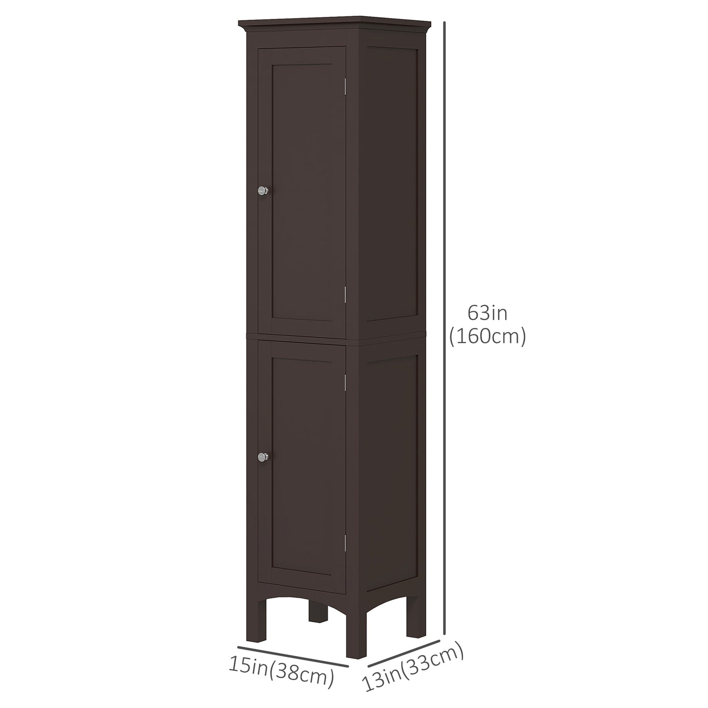 Tall Bathroom Cabinet, Freestanding Storage Organizer with Adjustable Shelves and Cupboards, 15" x 13" x 63", Dark Brown