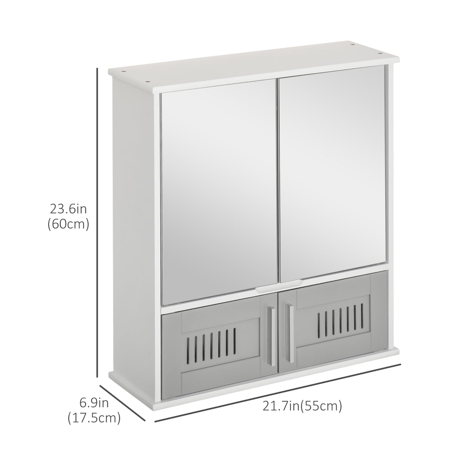 kleankin Bathroom Mirror Cabinet, Wall Mounted Storage Cupboard with Double Doors and Adjustable Shelf, Grey