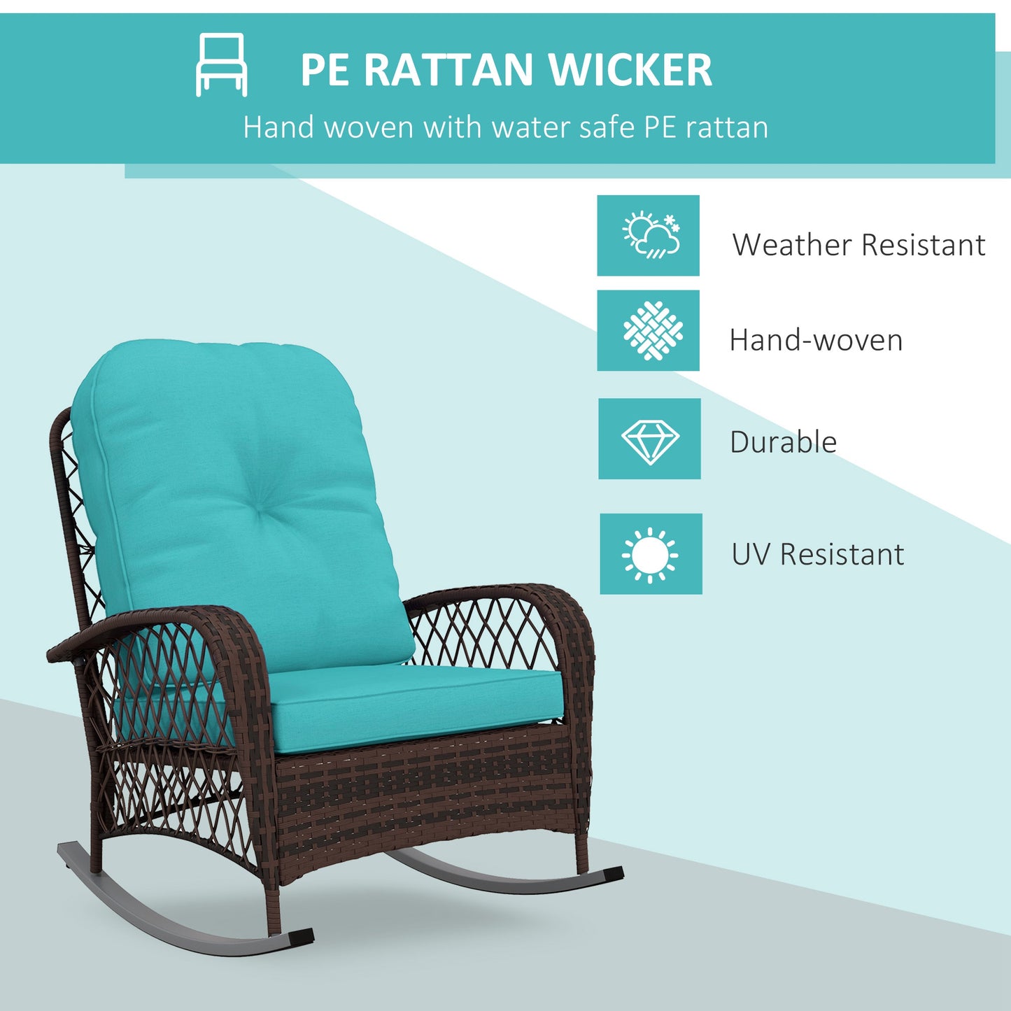 Outsunny Outdoor Wicker Rattan Rocking Chair Patio Rocker with Thick Cushions for Garden Backyard Porch, Turquoise