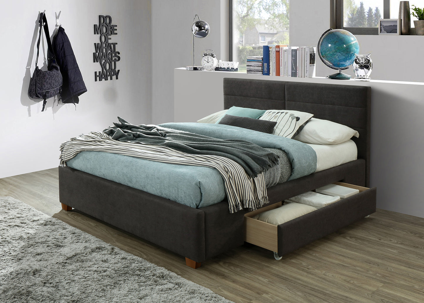 Emilio 60" Queen Platform Bed w/Drawer in Charcoal