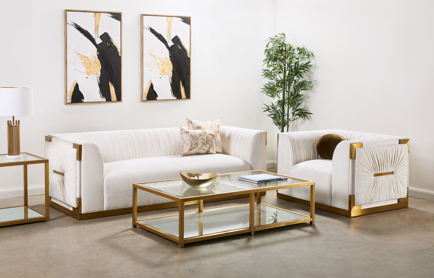 Tempered Glass Top Coffee Table with Mirror Base in Brushed Gold