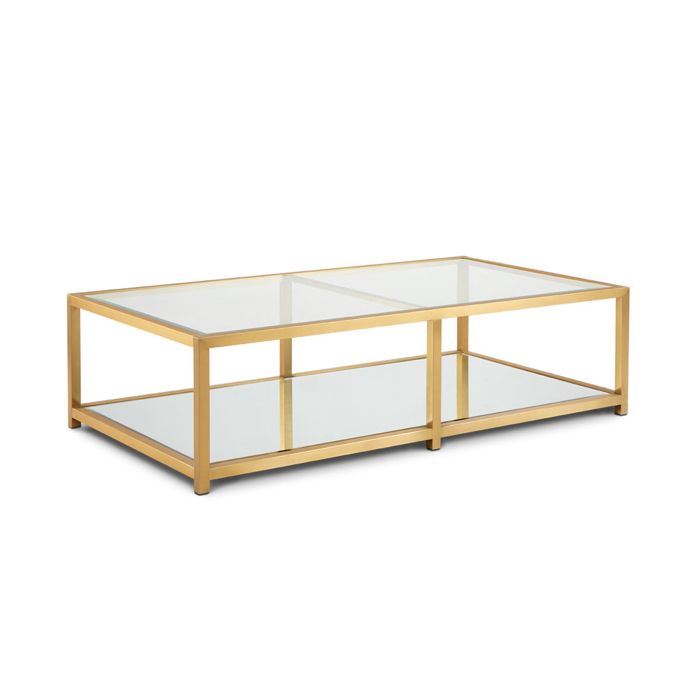 Tempered Glass Top Coffee Table with Mirror Base in Brushed Gold