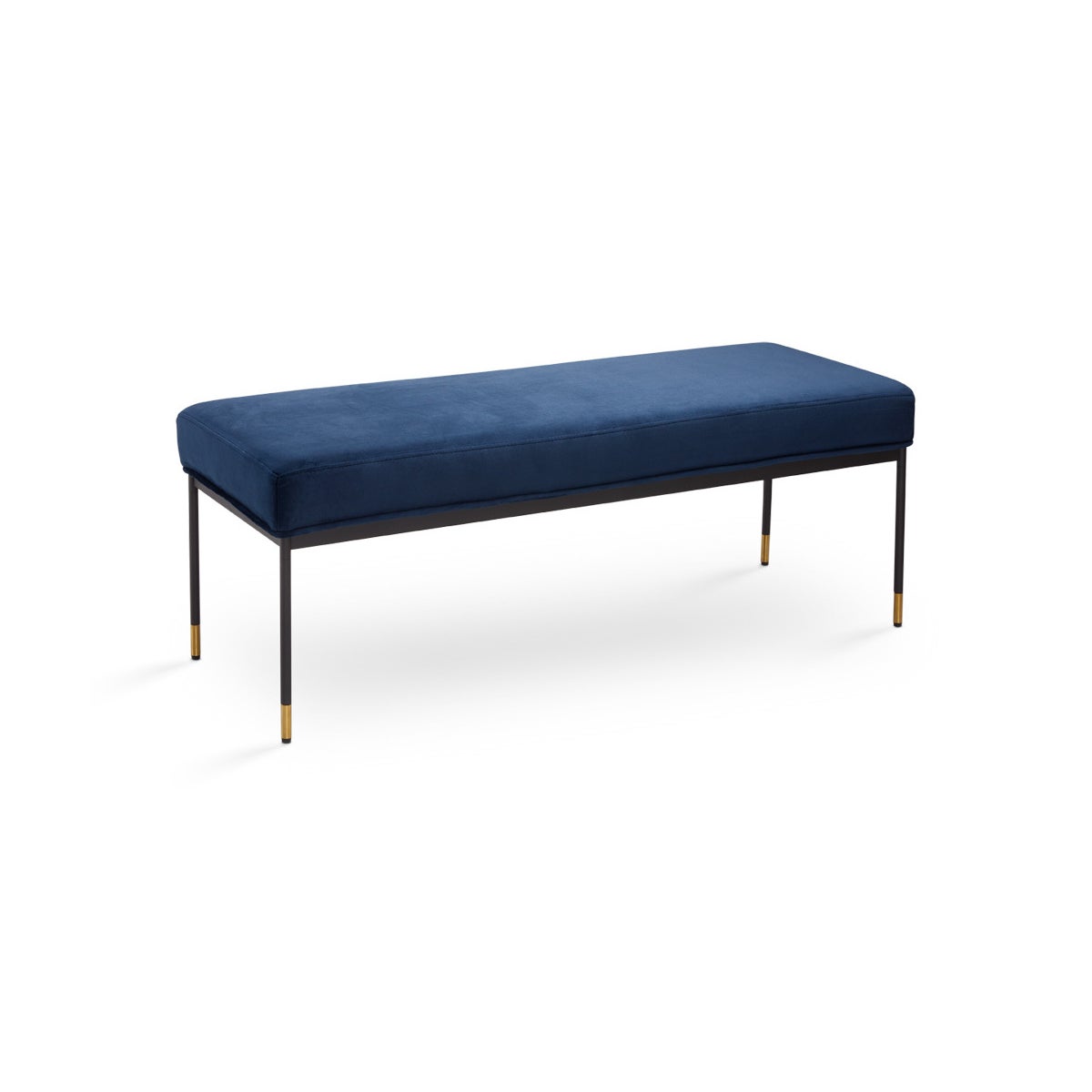 Blue velvetfabric bench, Black Legs Gold Caps