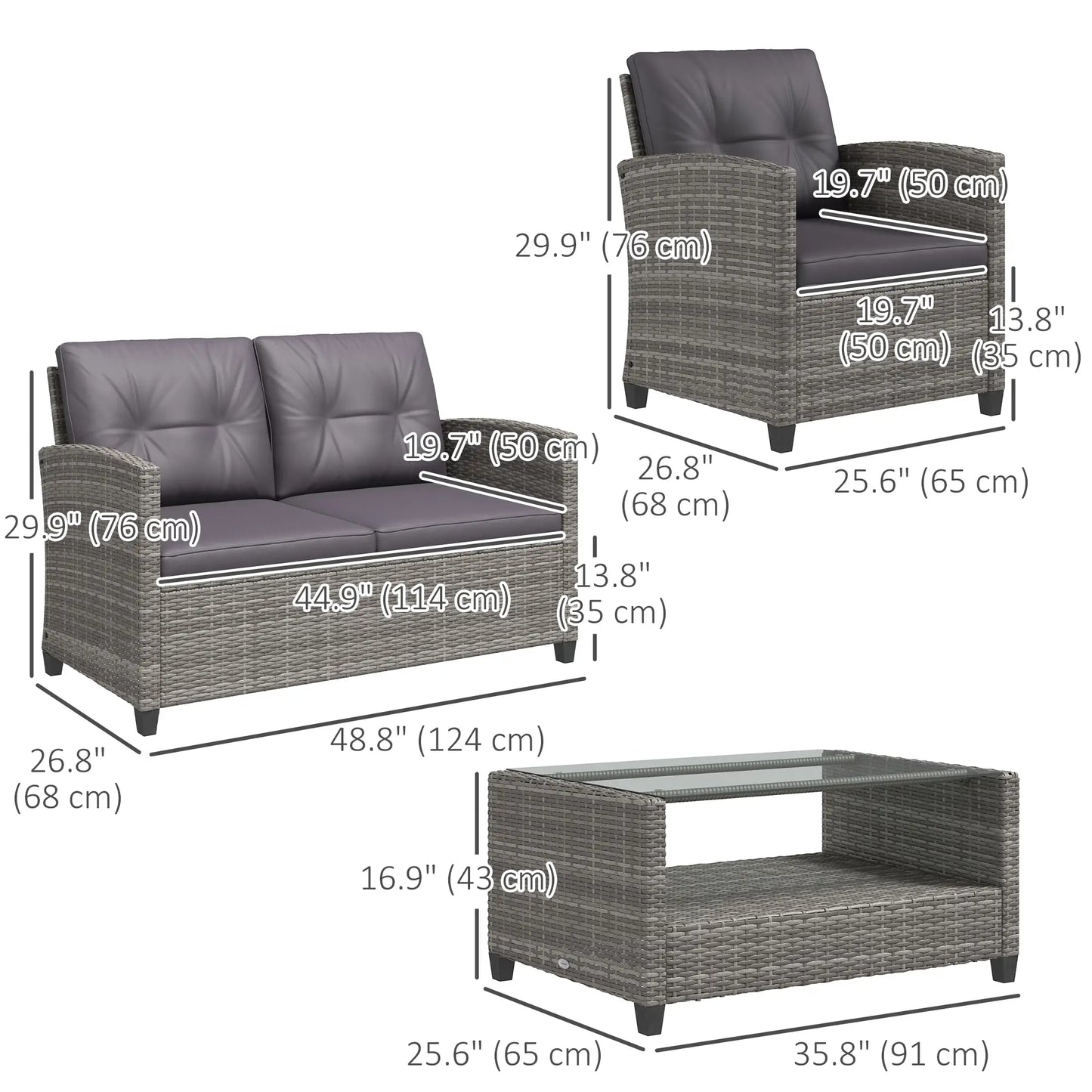 4 Piece Rattan Patio Furniture Set w/ Glass Table Top, Cushions for Backyard, Garden, Poolside, Deck, Charcoal Grey