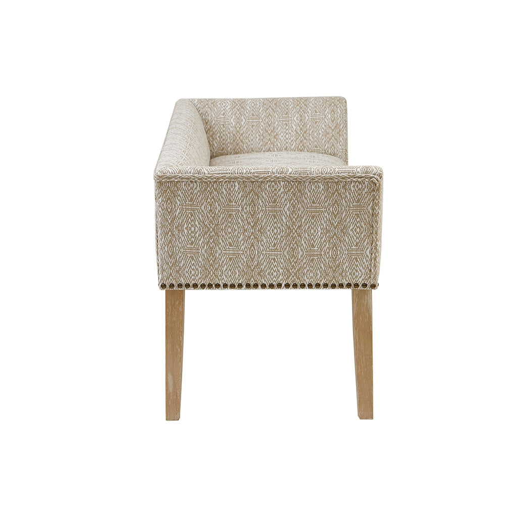 Flared Low Arm Low Back Accent Bench Chair, Taupe Patterned