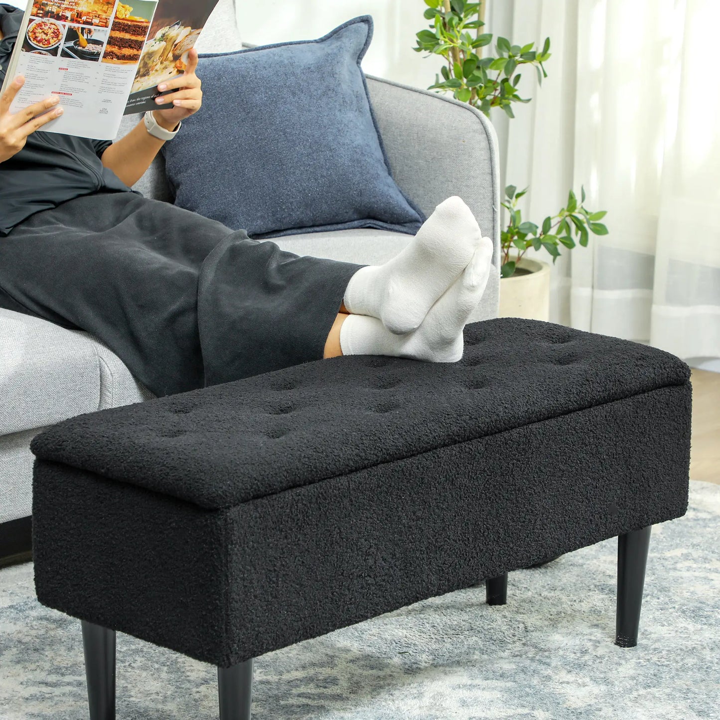 Modern Storage Bench, Lamb's Wool Upholstery for Living Room, Bedroom, Black