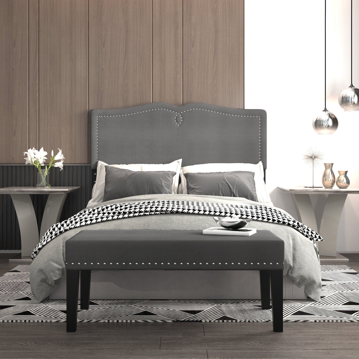 Aurora 54"/60" Adj. Headboard with Bench in Grey and Black