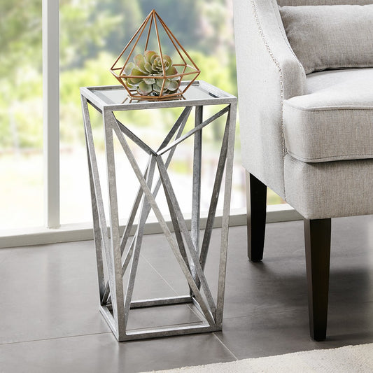 Metal Silver Base with Mirror Tabletop Accent Table