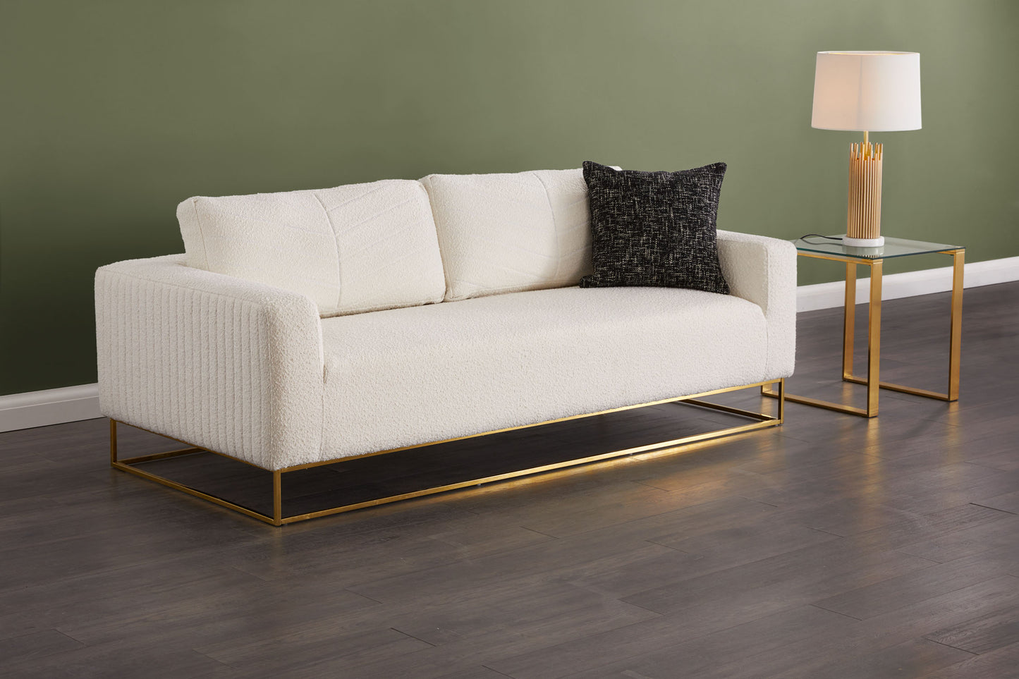 Ivory Boucle Fur Sofa with Gold Base