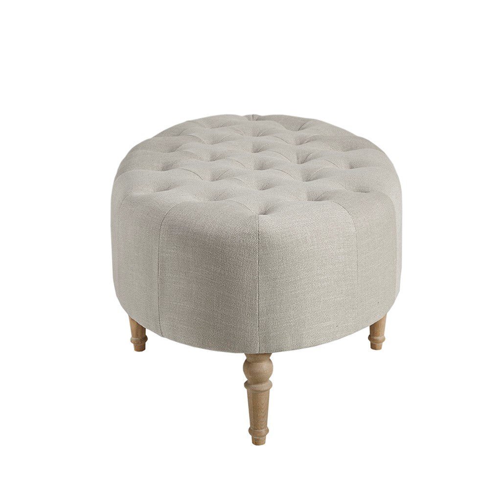 Button Tufted Ottoman with Reclaimed Wooden Leg, Light Grey