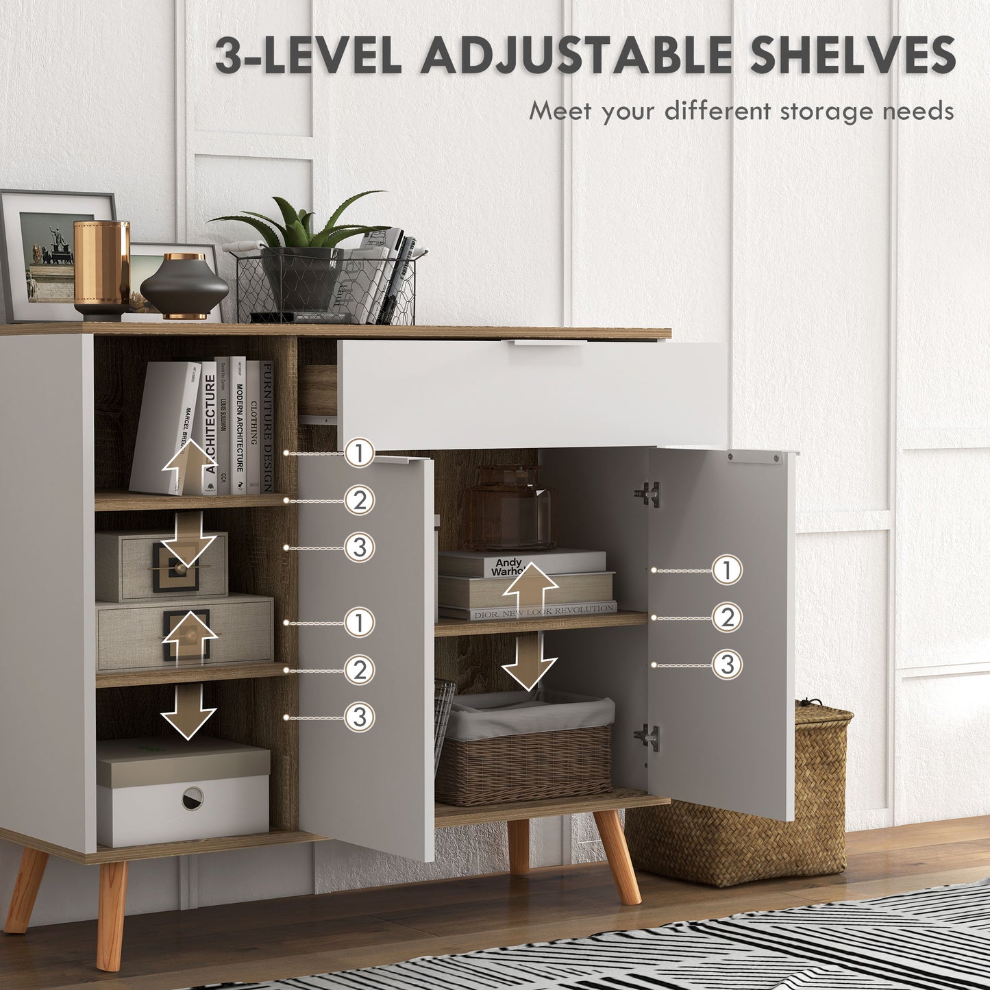 Modern Sideboard Cabinet, Freestanding, with 2 Doors, Drawer and Adjustable Shelves