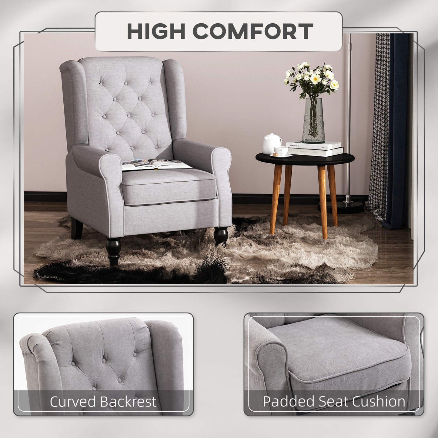 Button-Tufted Accent Chair with High Wing Back, Rounded Cushioned Armrests and Thick Padded Seat, Gray