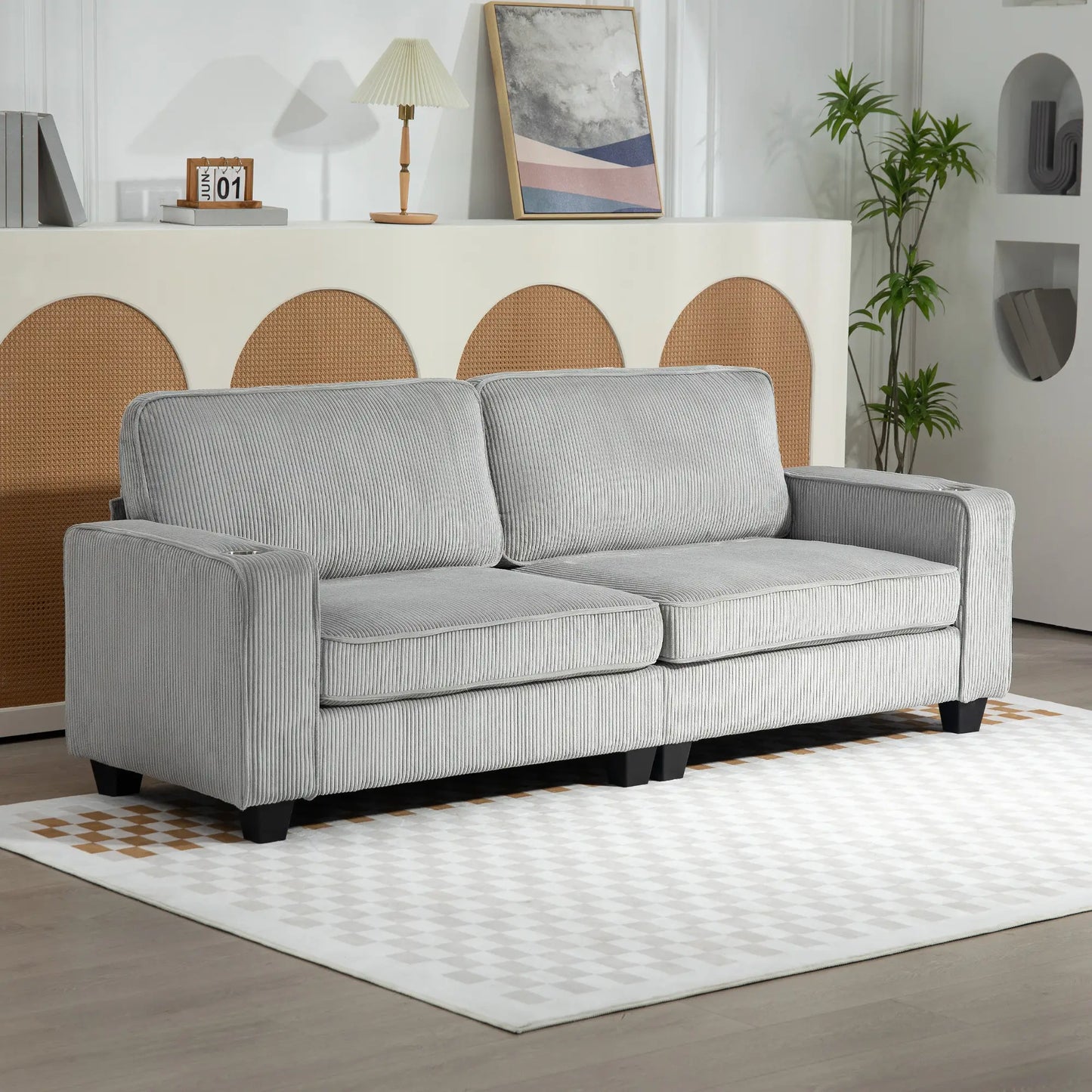 Three Seater Sofa, Fabric with Spring Cushion and Cup Holders Light Grey