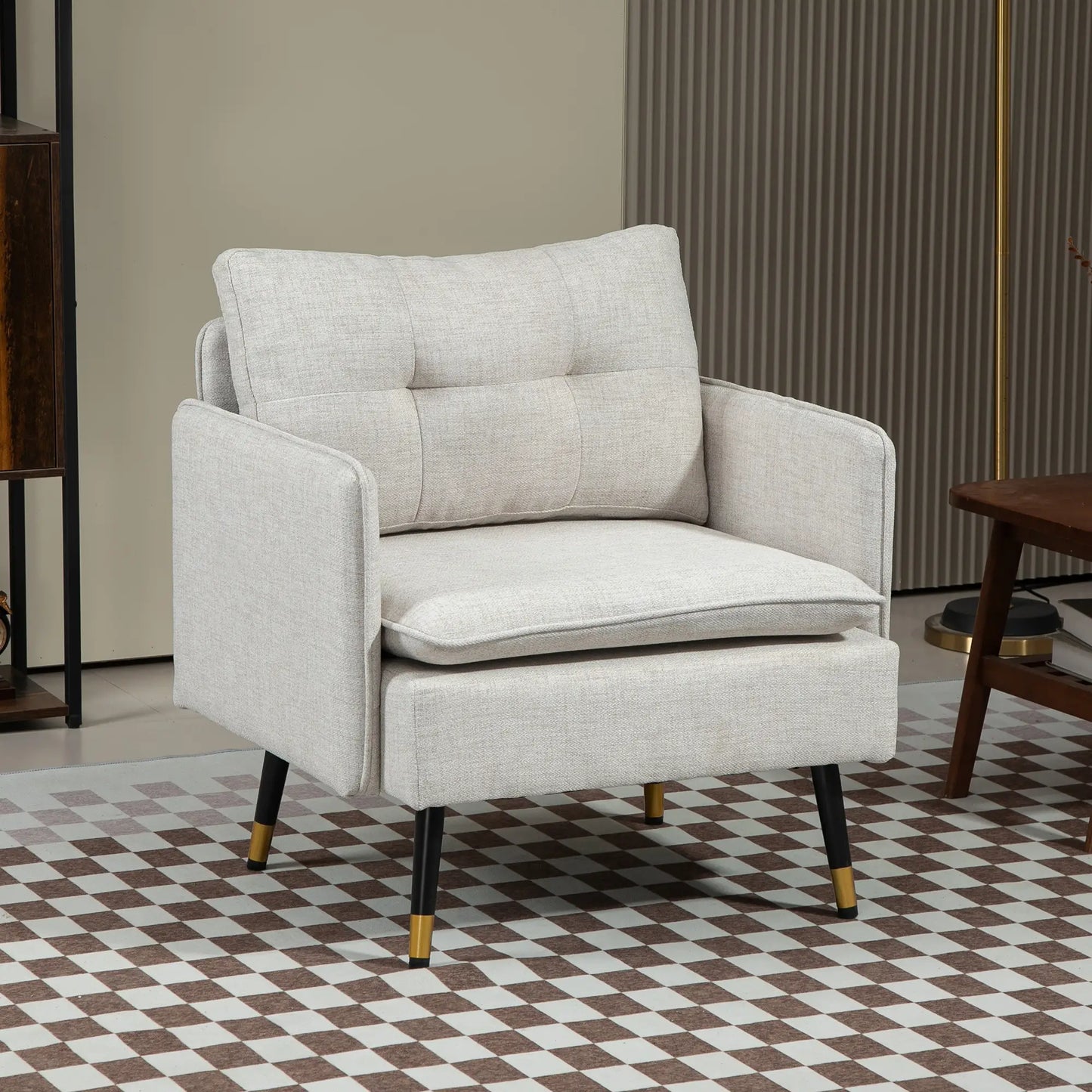 Modern Armchair, Upholstered Accent Chair with Tufted Back Cushion and Steel Legs in Cream White