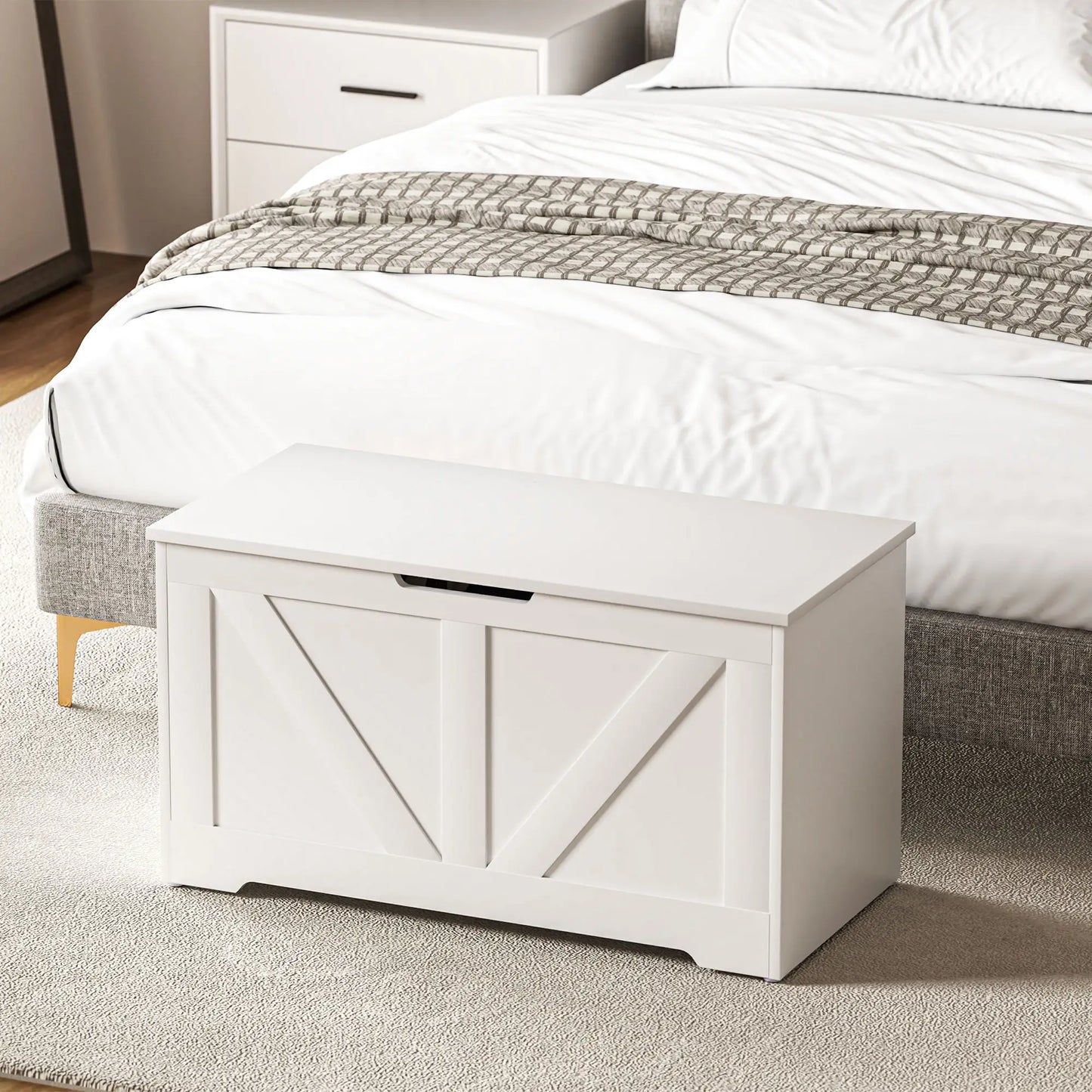 31.5 Inches Storage Chest with 2 Safety Hinges in White Wood Grain