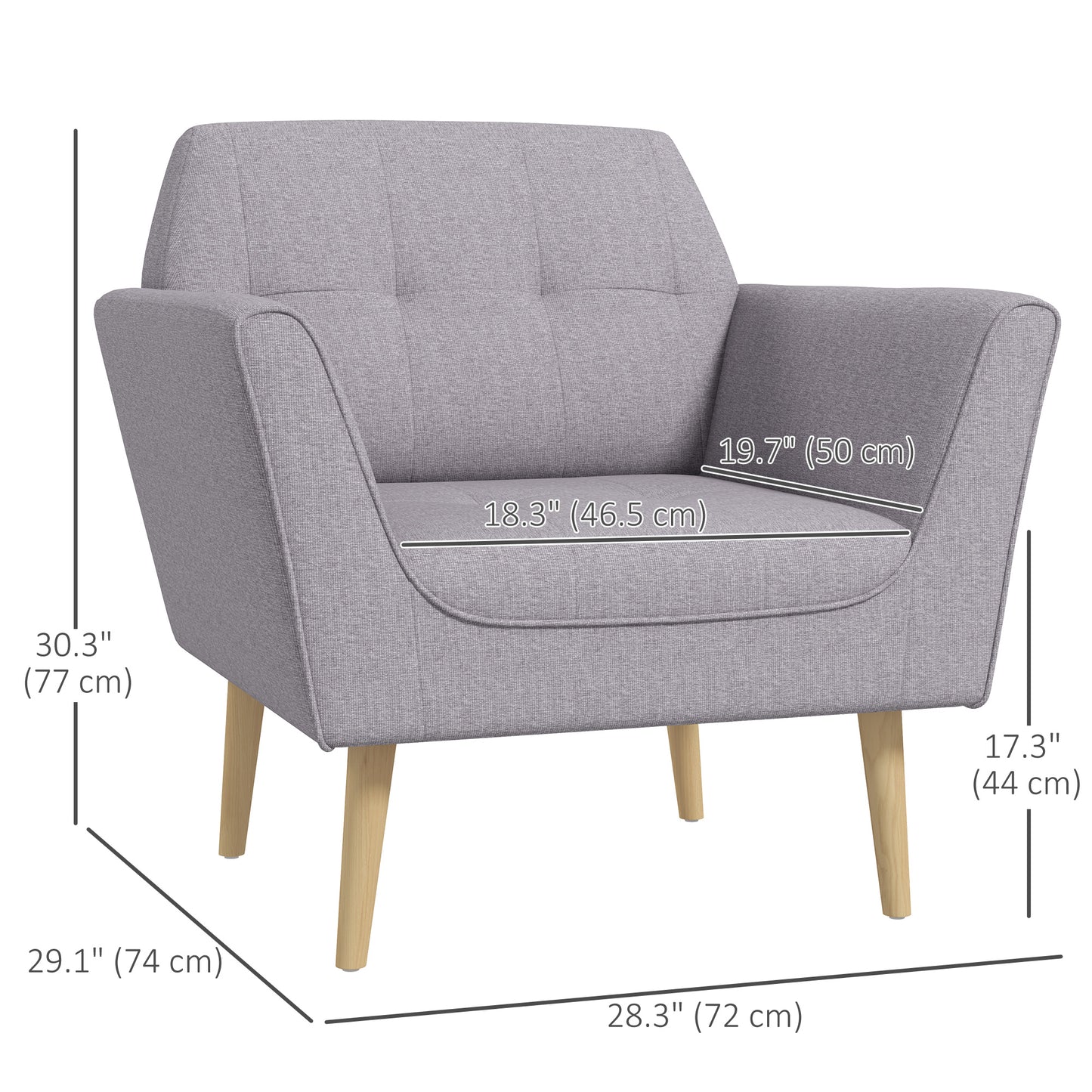 Upholstered Armchair, Modern Accent Chair with Tufted Pattern, Rubber Wood Legs for Living Room, Bedroom, Grey