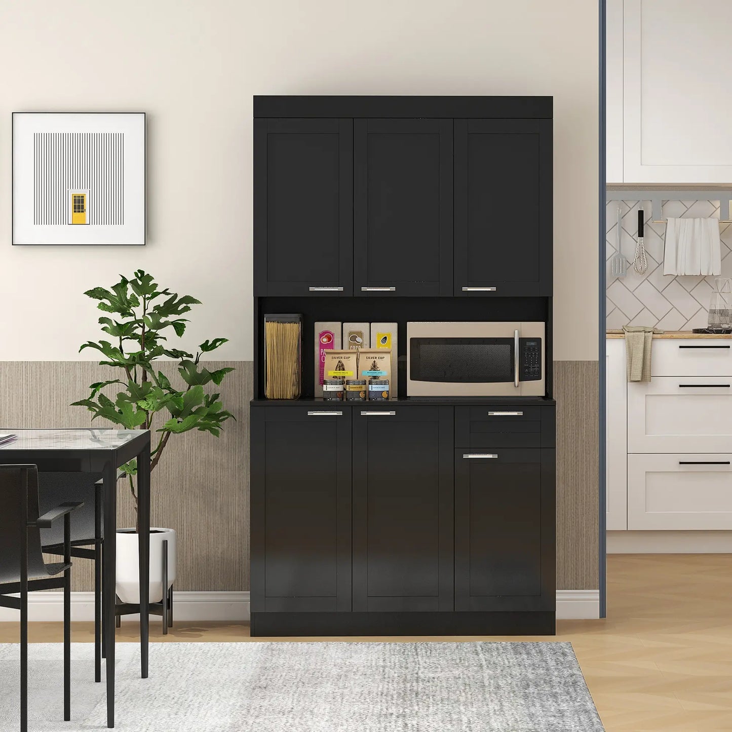 Kitchen Pantry Cabinet with Large Storage, Adjustable Shelves, High Gloss Black