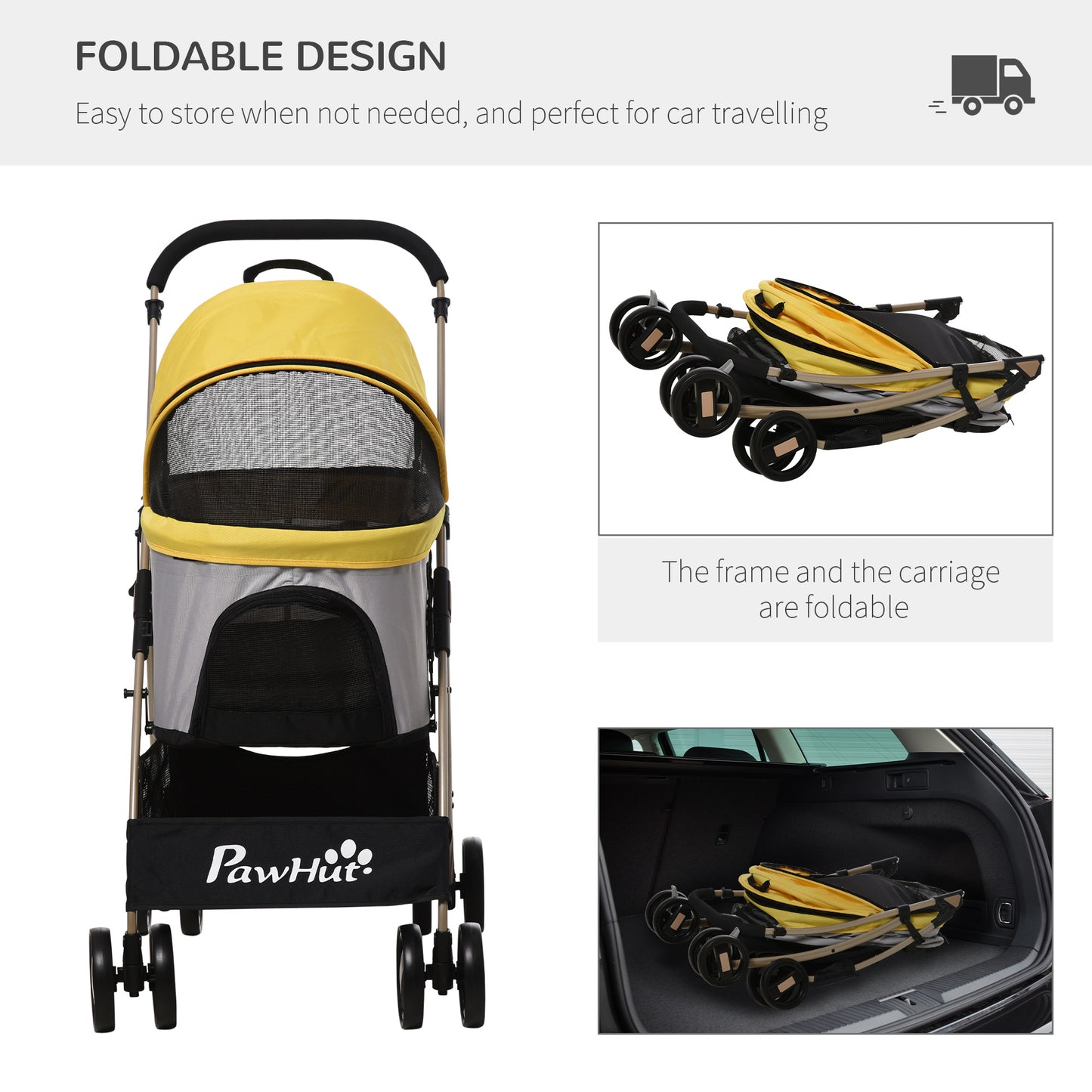 PawHut 4 Wheels Pet Stroller, 3 in 1 Dog Cat Travel Folding Carrier, for Small Dogs, Detachable, w/ Brake, Canopy, Basket, Storage Bag - Yellow