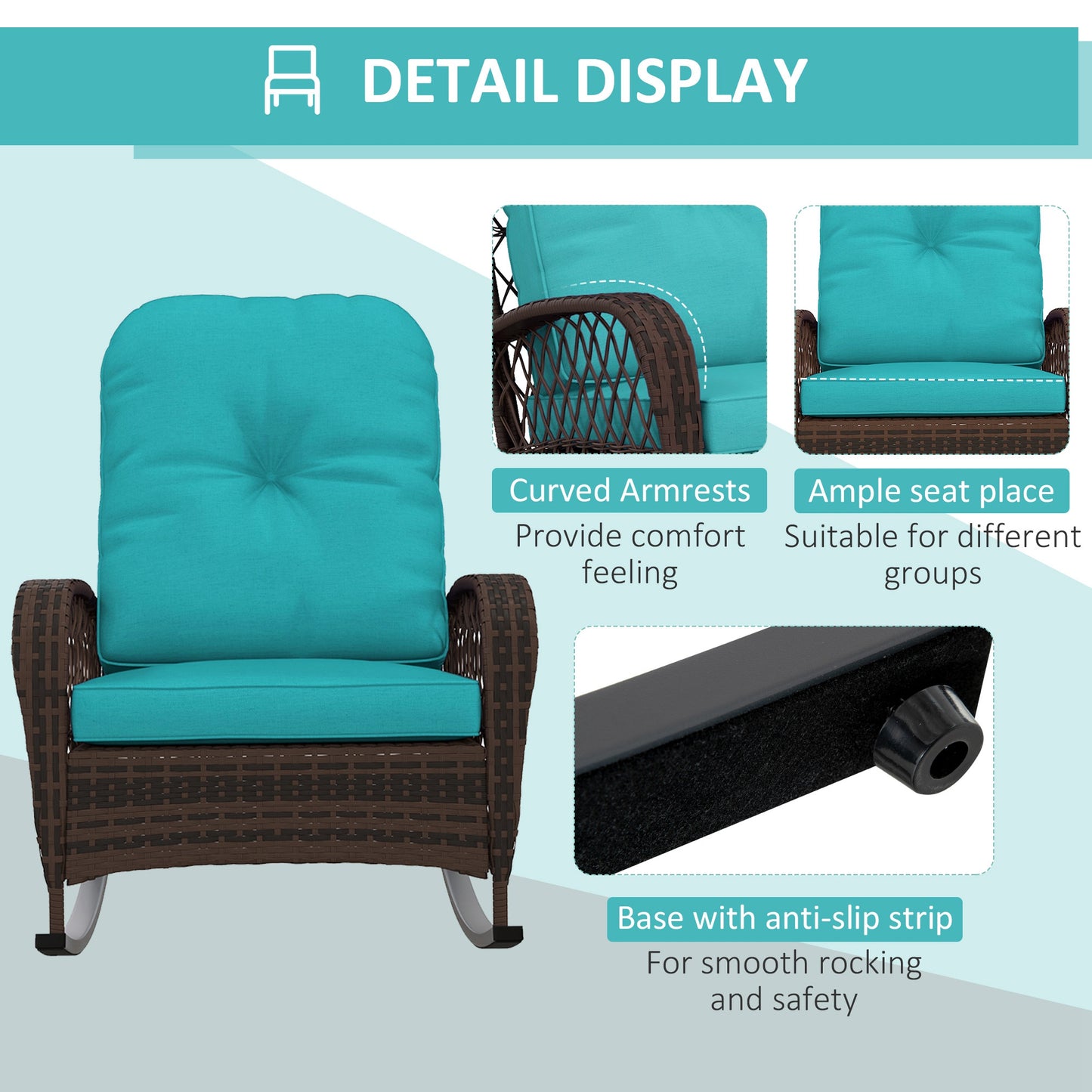 Outsunny Outdoor Wicker Rattan Rocking Chair Patio Rocker with Thick Cushions for Garden Backyard Porch, Turquoise