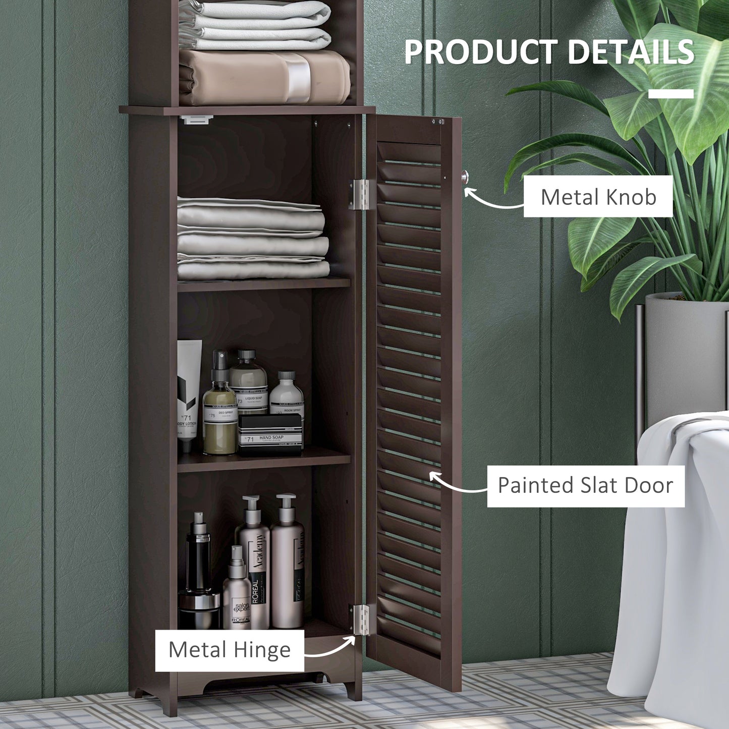 Tall Bathroom Storage Cabinet, Freestanding Linen Tower with 3-Tier Open Adjustable Shelf and Cupboard, Dark Brown