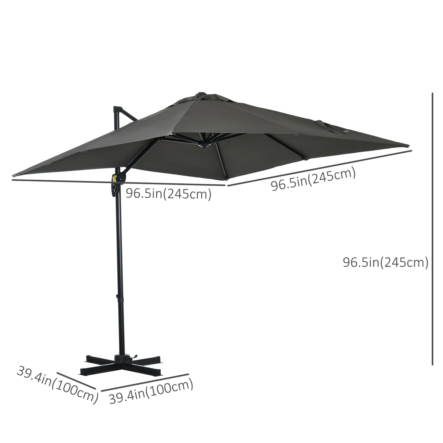 8' x 8' Square Patio Hanging Offset Umbrella with 360° Rotation, Aluminum, Crank & Tilt, with Cross Base, Grey