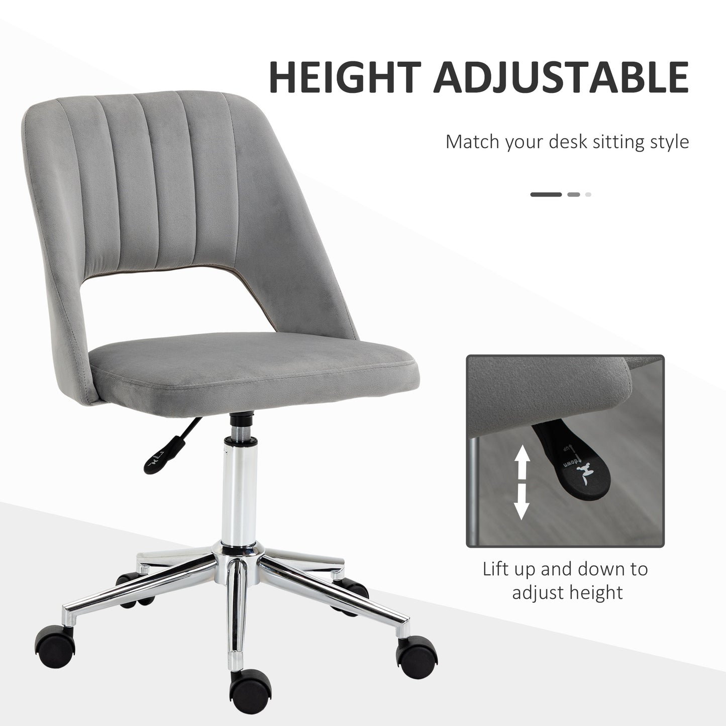 Mid Back Office Chair Velvet Fabric Swivel Scallop Shape Computer Desk Chair, Grey