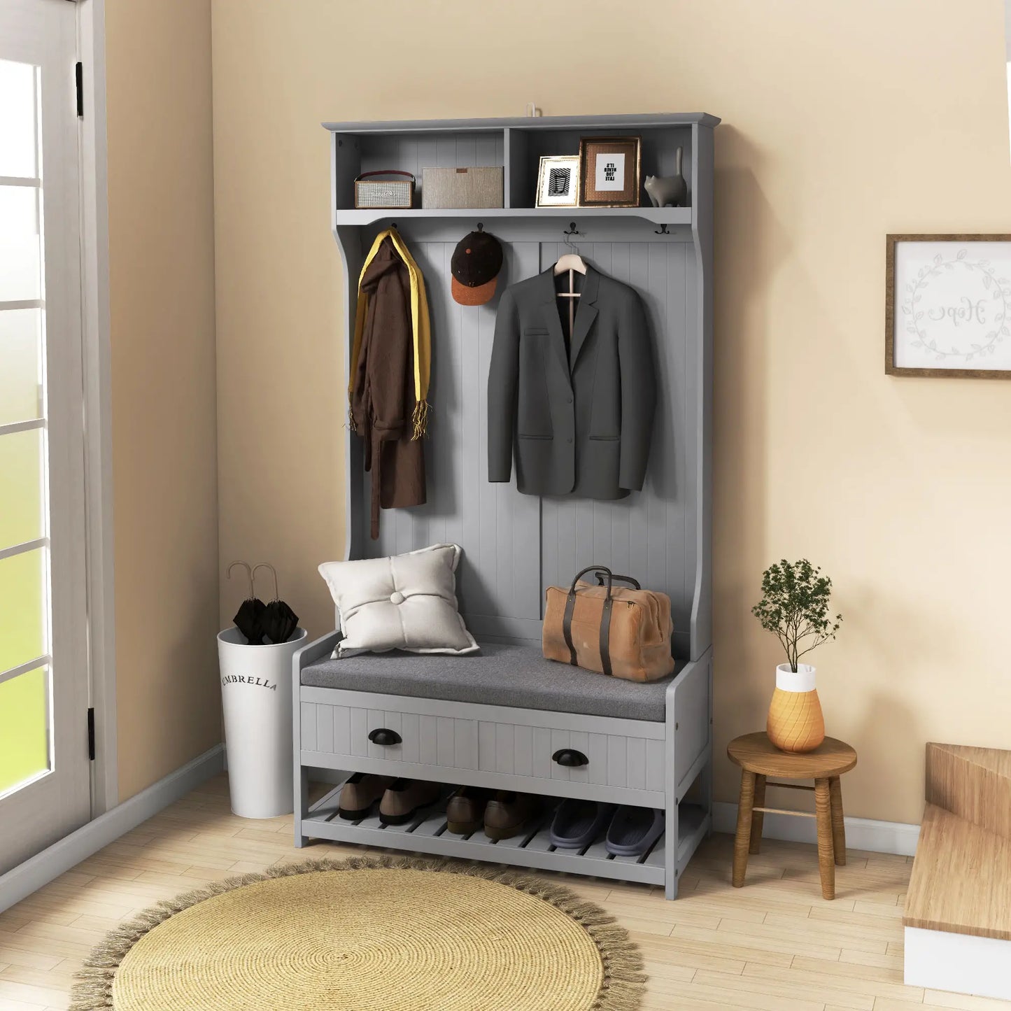 Clothing Storage, Coat Stand, Shoe Storage Bench Organizer with Coat Hanger, Drawers Padded Seat Cushion Grey